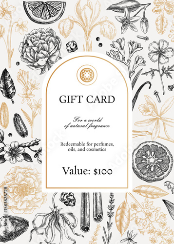 Thank you card design, floral invitation template. Vintage perfume and cosmetic hand-drawn vector illustration. Aromatic plants and flower sketches. NOT AI generated