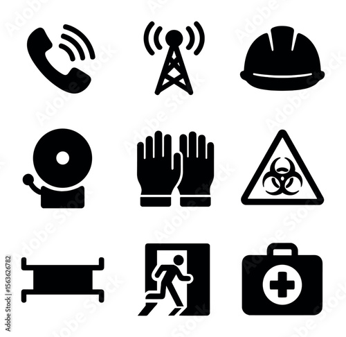 Crisis Management Icons. Solid, filled icons set of crisis management tools: emergency phone, communication