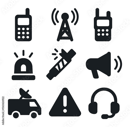 Emergency Communication Icons. Solid, filled icons set of emergency communication: satellite phone, radio