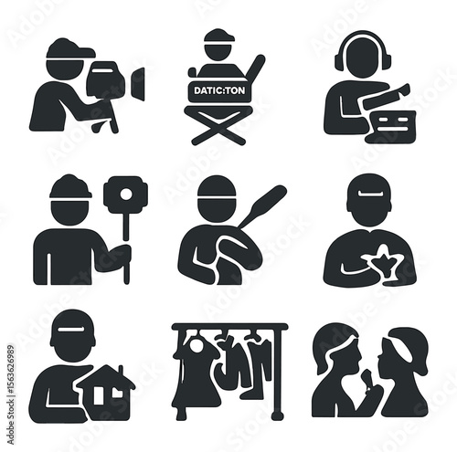 Film Crew Icons. Solid, filled icons set of commercial filming crew: cameraman, director, assistant, lighting
