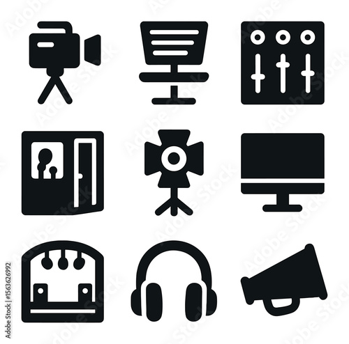 Studio Equipment Icons. Solid, filled icons set of studio production: studio camera, teleprompter, mixing