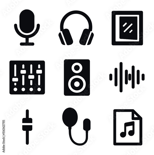 Audio Production Icons. Solid, filled icons set of sound production for commercials: microphone, headphones,