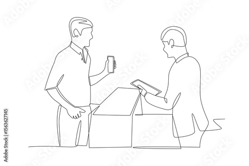 Male guest wants to check in at the reception. Checking into a hotel concept one-line drawing