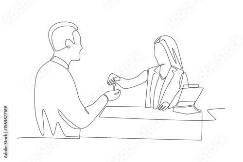 The receptionist gave the room key to the male guest. Checking into a hotel concept one-line drawing