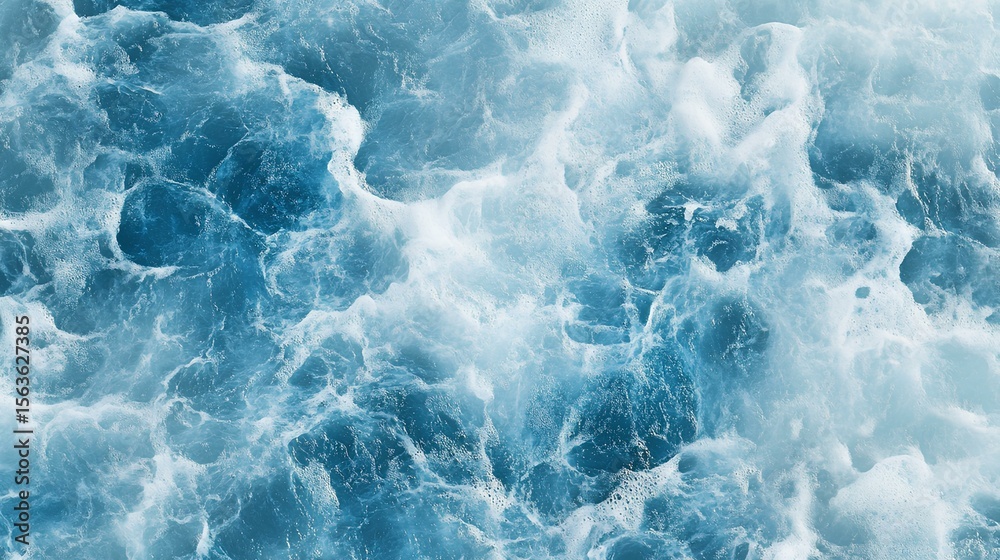 Fototapeta premium Ocean Waves: An abstract, high-angle shot captures the power and beauty of ocean waves in a mesmerizing display of swirling blues and foamy whites, evoking a sense of tranquility and wonder.
