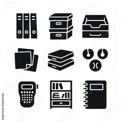Home Office Icons. Solid, filled icons set of home office organization: file folders, storage boxes, drawer