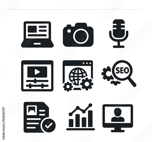 Digital Journalism Tools. Solid, filled icons set of digital journalism tools: laptop, camera, microphone,