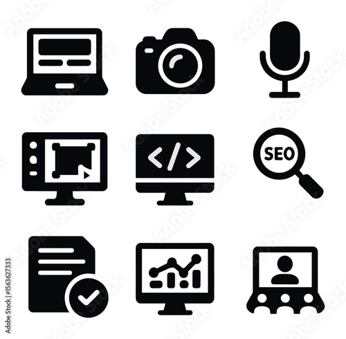 Digital Journalism Tools. Solid, filled icons set of digital journalism tools: laptop, camera, microphone,