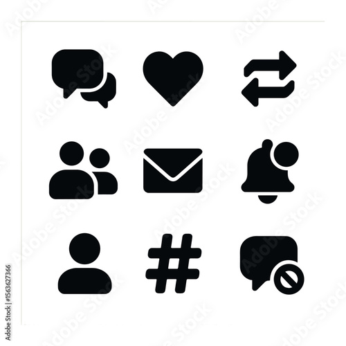 Social Media Icons Set. Solid, filled icons set of journalism and social media interaction: chat bubbles,