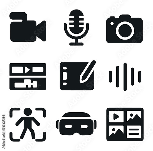 Multimedia Content Icons. Solid, filled icons set of multimedia content creation: video camera, podcast mic,