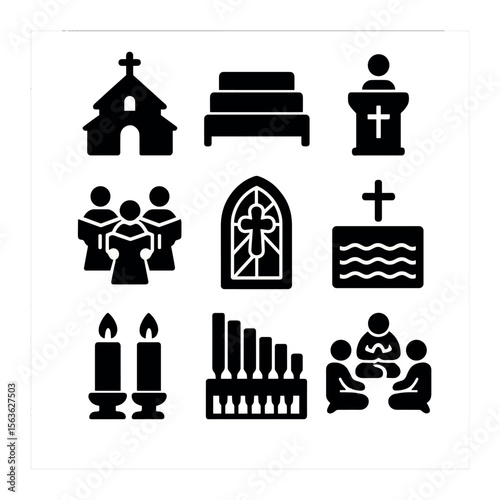 Christian Worship Icons. Solid, filled icons set of Christian worship and prayer settings: chapel, pews,