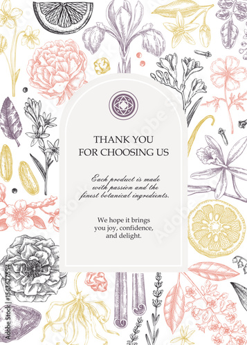 Thank you card design, floral invitation template. Vintage perfume and cosmetic hand-drawn vector illustration. Aromatic plants and flower sketches. NOT AI generated