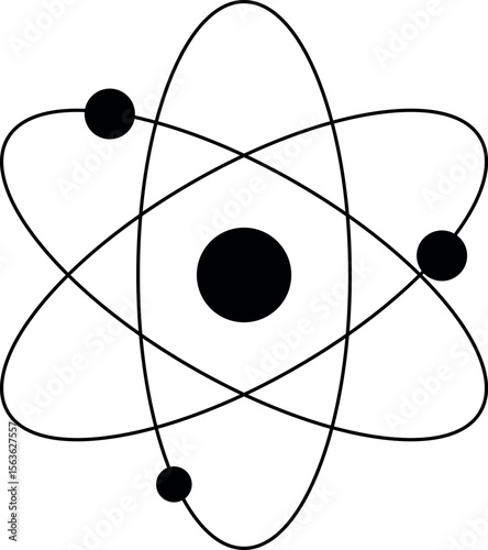 Black atom vector illustration with three electron orbits on white background, scientific symbol for nuclear energy, physics and chemistry design

