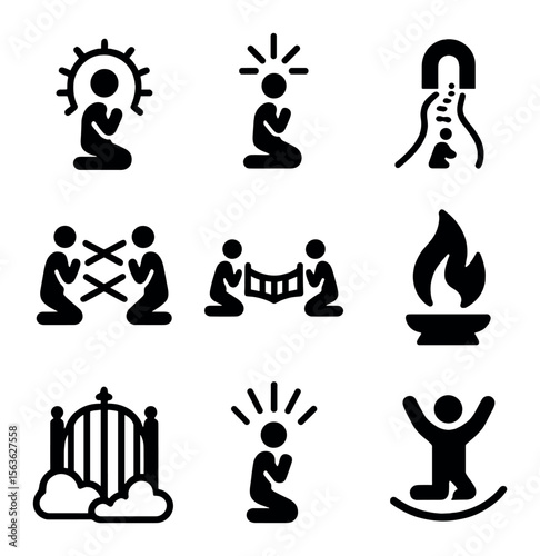 Spiritual Icon Set. Solid, filled icons set of Prayer impact and spiritual connection: aura, divine light,