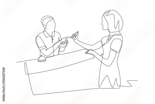 Female guest wants to check in at the reception. Checking into a hotel concept one-line drawing