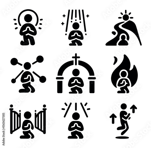 Spiritual Icon Set. Solid, filled icons set of Prayer impact and spiritual connection: aura, divine light,