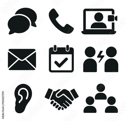 Blended Family Icons. Solid, filled icons set of Communication in blended families: speech bubbles, phone call