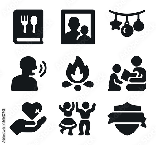 Icons of Family Traditions. Solid, filled icons set of Building family traditions: recipe book, photo frame,