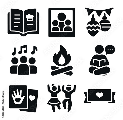 Icons of Family Traditions. Solid, filled icons set of Building family traditions: recipe book, photo frame,