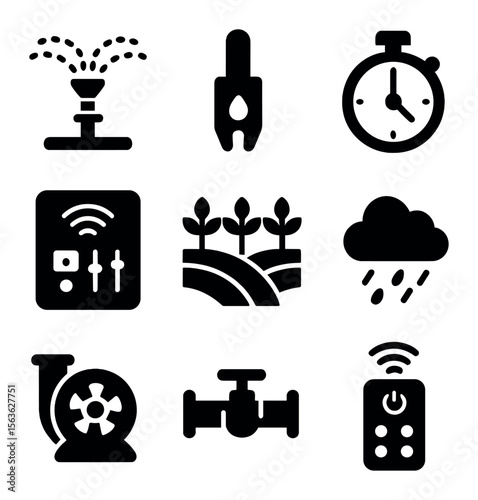 Irrigation Automation Icons. Solid, filled icons set of irrigation automation: sprinkler, soil moisture sensor