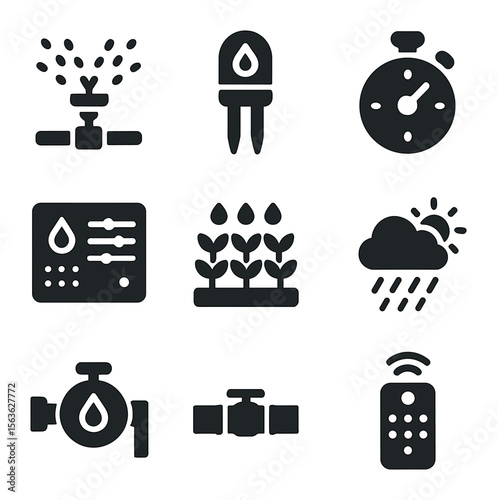 Irrigation Automation Icons. Solid, filled icons set of irrigation automation: sprinkler, soil moisture sensor