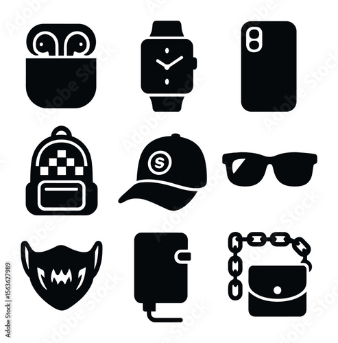 Street Style Tech Icons. Solid, filled icons set of street style tech accessories: wireless earbuds, smart
