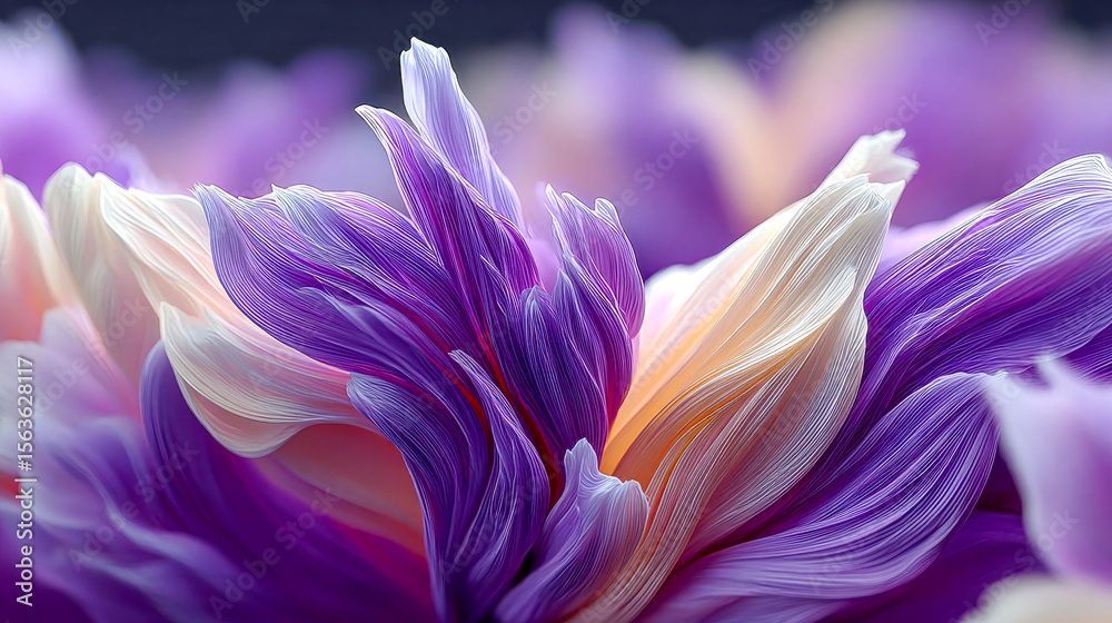 An abstract, elegant 3D composition of purple and beige flowing waves, resembling delicate fabric or petals, with soft lighting enhancing the depth and texture An abstract, elegant 3D composition of purple and beige flowing waves, resembling delicate fabric or petals, with soft lighting enhancing the depth and texture