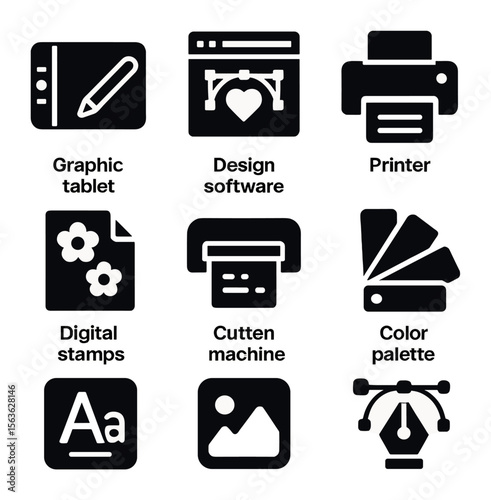Digital Craft Tools Icons. Solid, filled icons set of digital tools for card making: graphic tablet, design