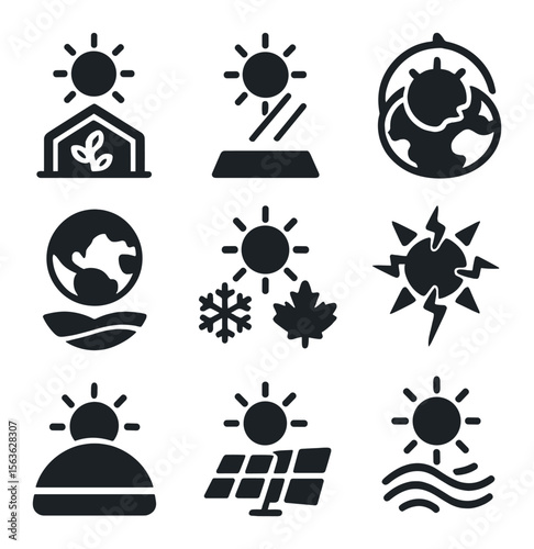 Solar Impact Icons. Solid, filled icons set of sun impact on climate: greenhouse effect, solar energy, ozone
