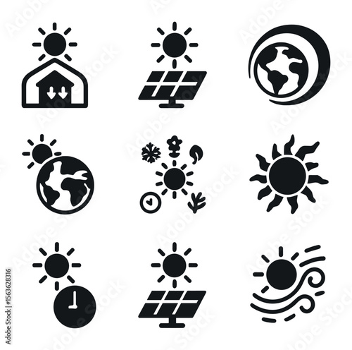 Solar Impact Icons. Solid, filled icons set of sun impact on climate: greenhouse effect, solar energy, ozone