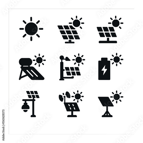 Renewable Energy Icons. Solid, filled icons set of sun and renewable weather energy: solar panels, solar farms