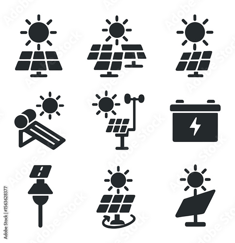 Renewable Energy Icons. Solid, filled icons set of sun and renewable weather energy: solar panels, solar farms