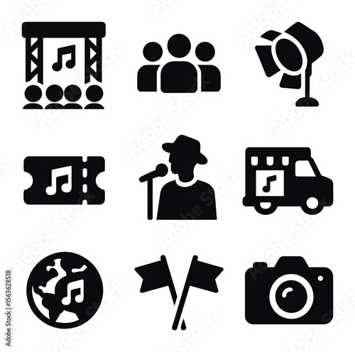 Music Festival Icons. Solid, filled icons set of music festivals and events: stage, crowd, spotlight, ticket,