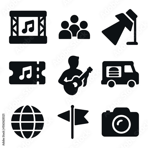Music Festival Icons. Solid, filled icons set of music festivals and events: stage, crowd, spotlight, ticket,