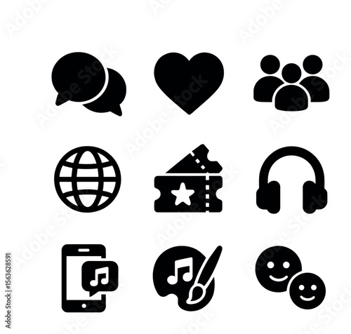 Music Fan Icon Set. Solid, filled icons set of music fan communities worldwide: chat bubbles, heart, user