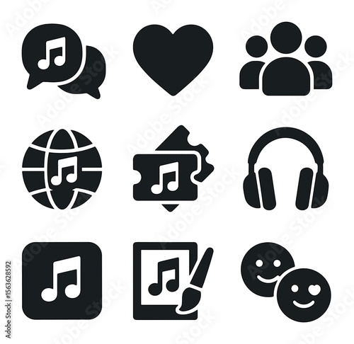 Music Fan Icon Set. Solid, filled icons set of music fan communities worldwide: chat bubbles, heart, user