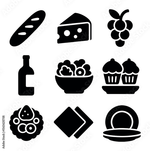 Picnic Food Icons. Solid, filled icons set of couple’s picnic food: baguette, cheese, grapes, wine bottle,