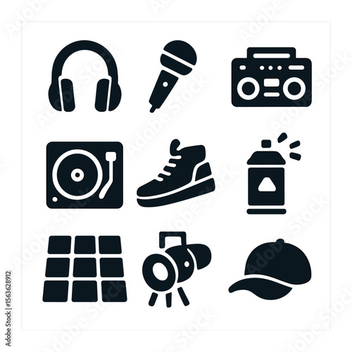 Dance and Music Collection. Solid, filled icons set of dance and music gear: headphones, microphone, boombox,