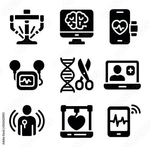 Medical Innovation Icons. Solid, filled icons set of medical innovation tools: robotic surgery, AI imaging,