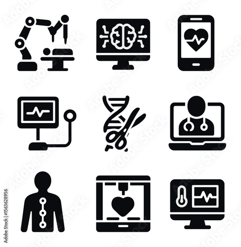 Medical Innovation Icons. Solid, filled icons set of medical innovation tools: robotic surgery, AI imaging,