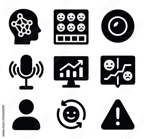 AI Emotion Icons Grid. Solid, filled icons set of AI emotion detection: neural network, emotion dataset,