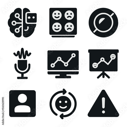 AI Emotion Icons Grid. Solid, filled icons set of AI emotion detection: neural network, emotion dataset,