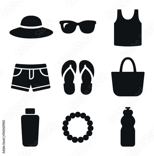 Summer Essentials Icons. Solid, filled icons set of summer outfit essentials: straw hat, sunglasses, tank top,