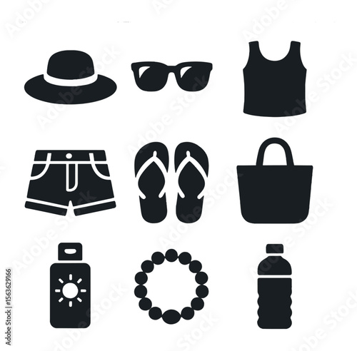 Summer Essentials Icons. Solid, filled icons set of summer outfit essentials: straw hat, sunglasses, tank top,