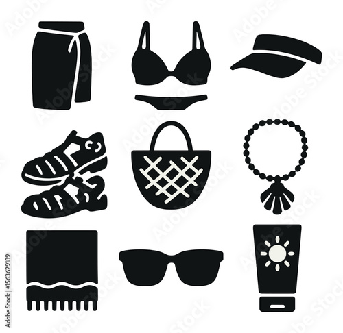 Beachside Outfit Icons. Solid, filled icons set of beachside stroll outfits: sarong, bikini top, sun visor,