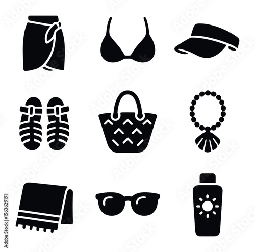 Beachside Outfit Icons. Solid, filled icons set of beachside stroll outfits: sarong, bikini top, sun visor,