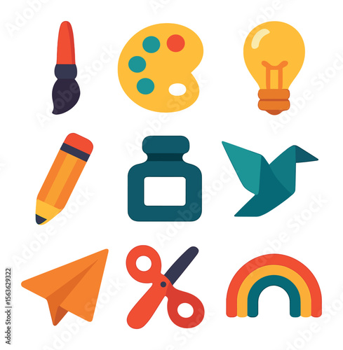 Creative Tools Grid. Solid, filled icons set of vibrant creative tools: paintbrush, color palette, lightbulb,