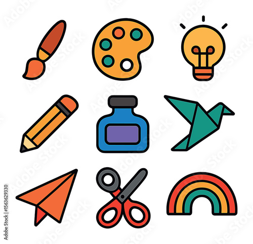 Creative Tools Grid. Solid, filled icons set of vibrant creative tools: paintbrush, color palette, lightbulb,