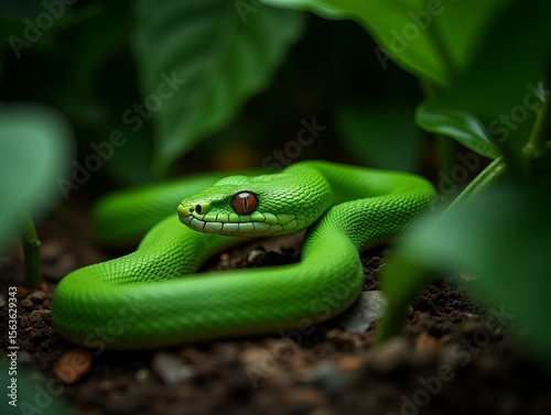 Green insularis pit viper snakes in the jungle, in natural habitat