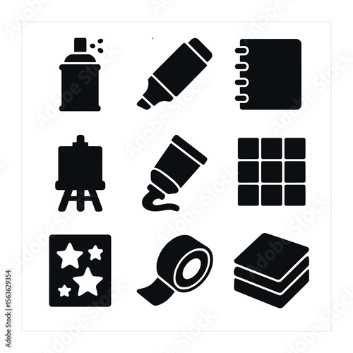 Artistic Expression Icons. Solid, filled icons set of artistic expression: spray can, marker pen, sketchpad,